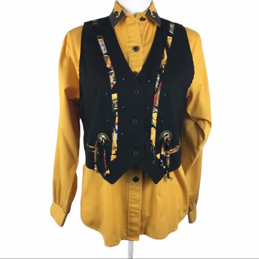 Vintage Roper Yellow Button Up Black Western Vest